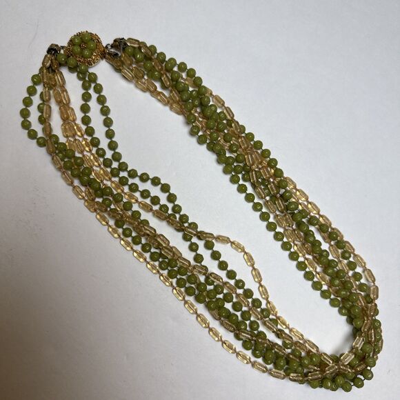Vintage 1940s 8-Strand Green Beaded Torsade Necklace - Ornate Clasp Estate Piece - Picture 11 of 11